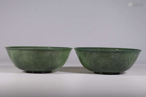 QIANLONG MARK, PAIR OF CHINESE CARVED HETIAN BOWL