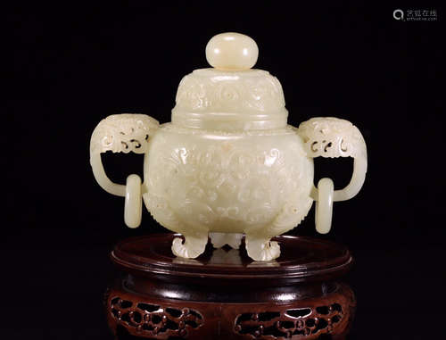 CHINESE CARVED HETIAN JADE CENSER W/. COVER