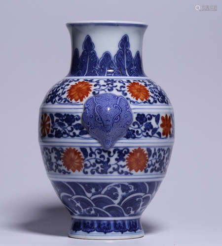 QIANLONG MARK, CHINESE BLUE & WHITE IRON-RED GLAZED VASE