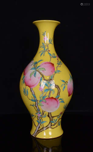 YONGZHENG MARK, CHINESE YELLOW GLAZED FAMILLE ROSE VASE