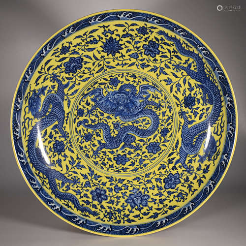 Yongzheng of Qing Dynasty          Blue and white dragon pattern plate with yellow background