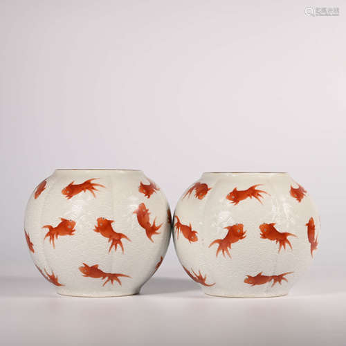 Qing Daoguang          A pair of white glazed red fish jars