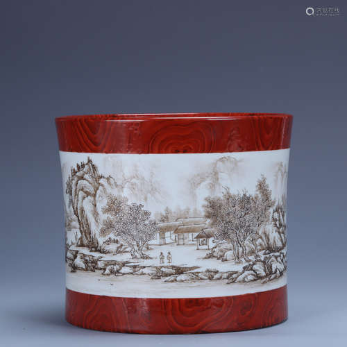 Qianlong of Qing Dynasty        Pastel brush holder with landscape pattern