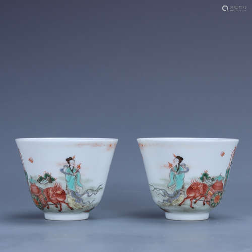 Kangxi of Qing Dynasty       A pair of famille rose character story cups