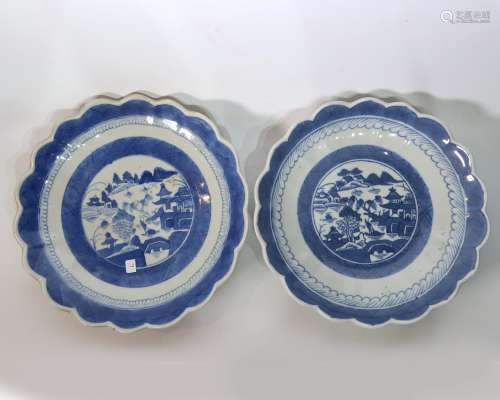 Pair Chinese Export Blue & White Porcelain Dishes