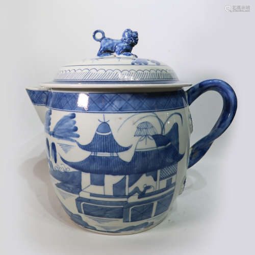 Large Export Blue & White Porcelain Cup With Cover