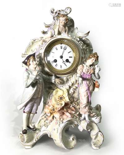 German Porcelain Figural Mantle Clock, Marked