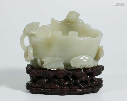 A Chinese Carved Jade Washer With Base