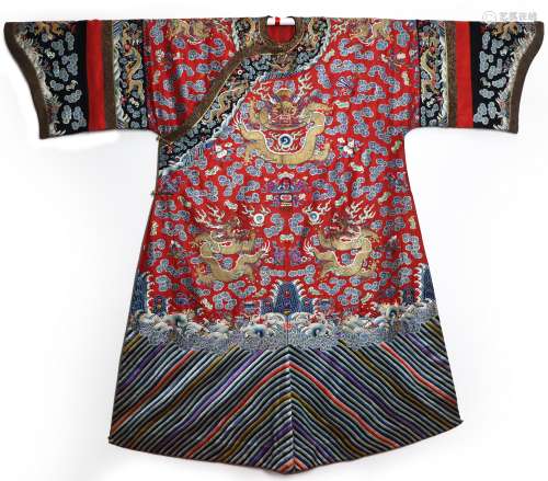 Rare Red-Ground Silk Embroidered Dragon Robe, Daoguang