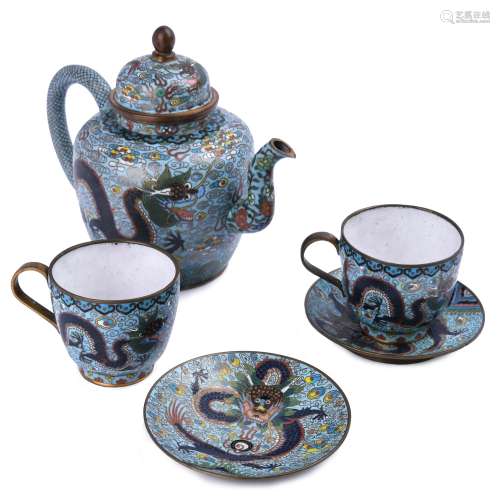 Chinese Cloisonne Bronze Dragon Teapot Set