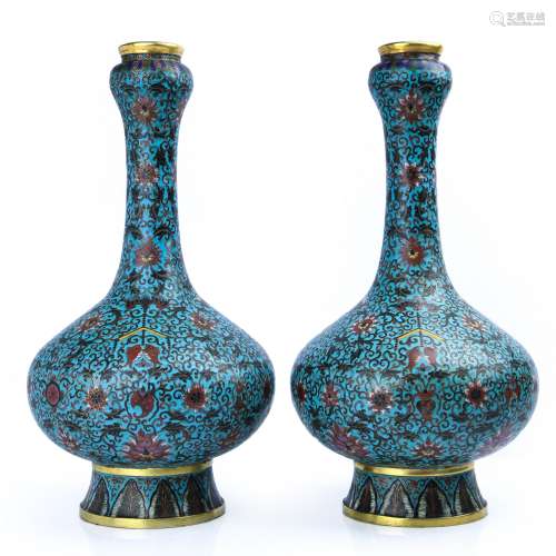 Pair Chinese Cloisonne Enamel & Gilt Bronze With Mark