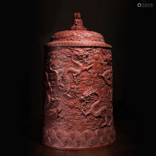 Large Red Cinnabar Lacquered Dragon Covered Box