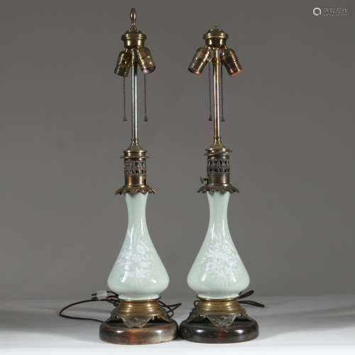 Pair Celadon Vase Lamps, Late 19th/Early 20th C.
