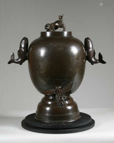 19th Century Massive Silver-Inlaid Bronze Wine Vessel