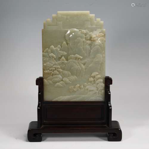 Carved Jade Table Screen With Base