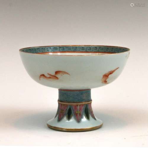 Chinese Famille Rose Porcelain Bats Stem Cup With Mark