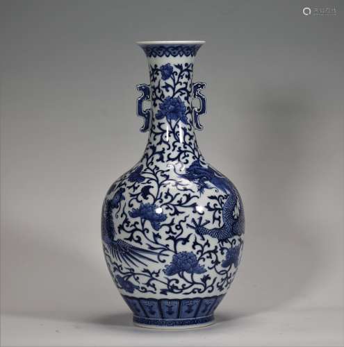 Blue & White 'Dragon & Phoenix' Porcelain Vase W/ Mark