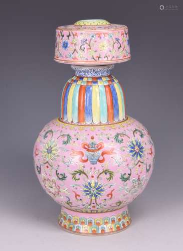 Pink-Ground Famille Rose Porcelain Altar Vase, Qianlong