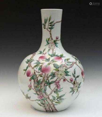 Large Chinese Porcelain Peach And Bats Vase With Mark