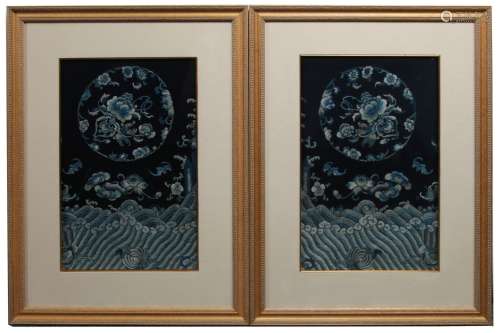 19th C. Pair of Framed Chinese Silk Embroidered Panels