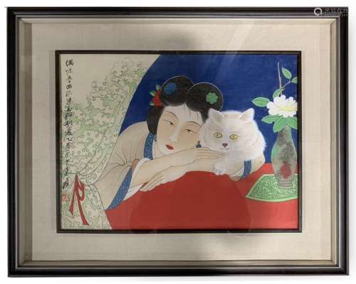 Framed Painting of 'Maiden and Cat', ZHANG DAQIAN