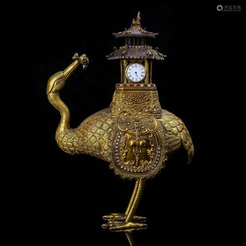 Ornate Gilt Bronze Bird Clock With Inlaid Stone