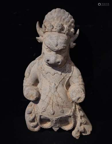 Carved Greenish Marble Figure Of A Bull Guardian