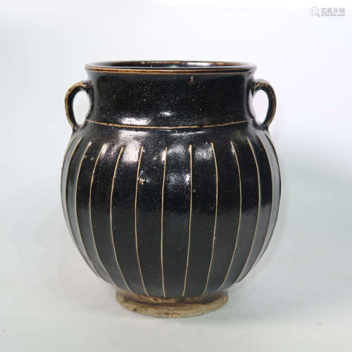 A Black-Glaze White-Ribbed Stoneware Jar