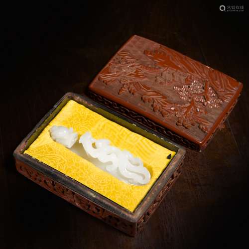 Carved White Jade Belt Hook In Red Cinnabar Box