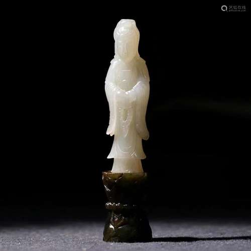 Qing Carved Jade Guanyin On Green Jade Pedestal