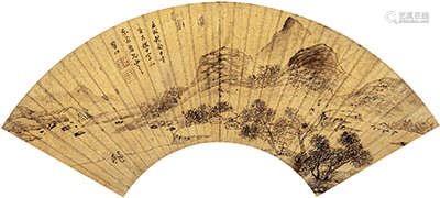罗什（明末清初）  携琴访友图 扇面镜心 设色红金纸本 壬戌（1622年）作
