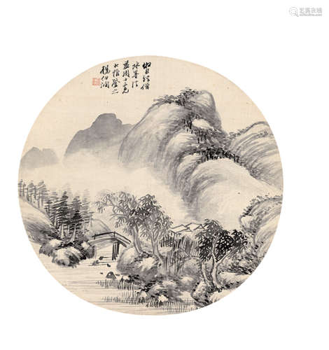 杨伯润（1837-1911）  仿巨然山水图 团扇立轴 水墨绢本