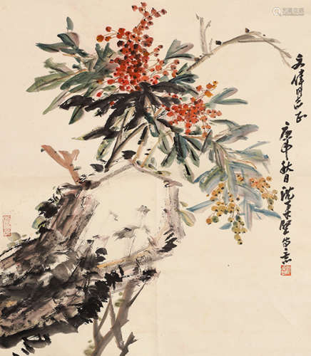 沈柔坚（1919-1998） 庚申（1980年）作 花卉图 立轴 水墨纸本