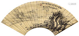 黄鹤俦（清丒光绪） 光绪壬午（1882年）作 欸乃舟行图 扇面镜心 水墨泥金纸本