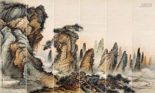 李云（1914-1982）  山水通景六条屏 立轴 设色纸本