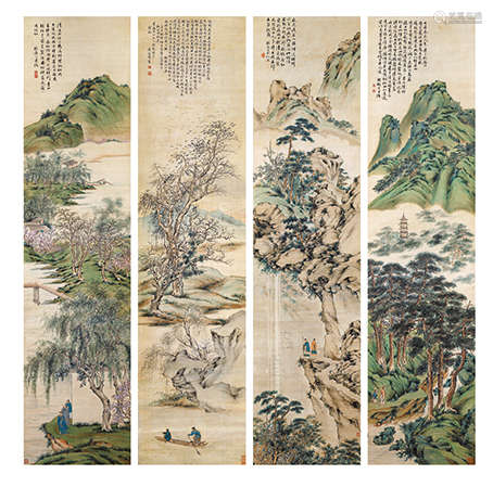 潘露（1827-1890）  四季山水条屏 立轴 设色纸本