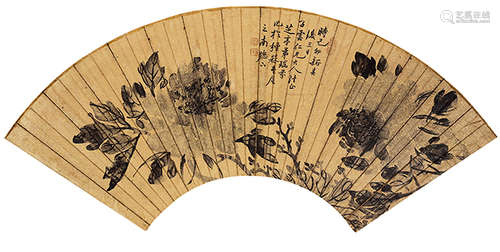 刘瑞芬（1827-1892） 己卯（1879年）作 富贵天香图甘增筹（清）行书录古人诗 扇面镜心 水墨洒金纸本