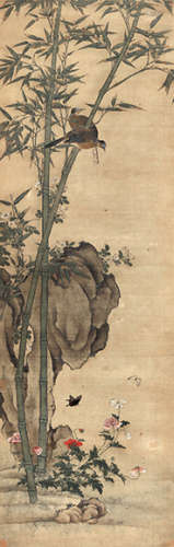 周京（1626-？）  春庭竹雀图 立轴 设色绢本