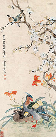 虞沅（清康熙） 乙亥（1695年）作 百合鸳鸯图 立轴 设色纸本
