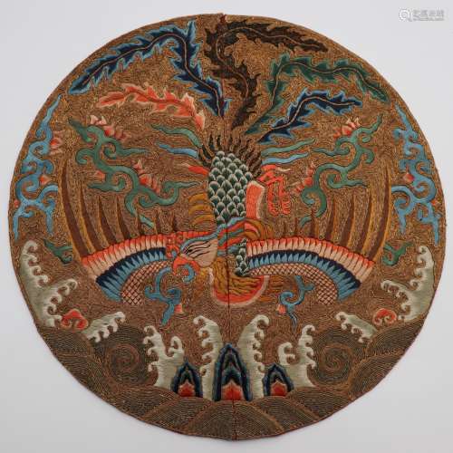 Chinese Silk Embroidered 'Phoenix' Roundel, Qing Dyn.