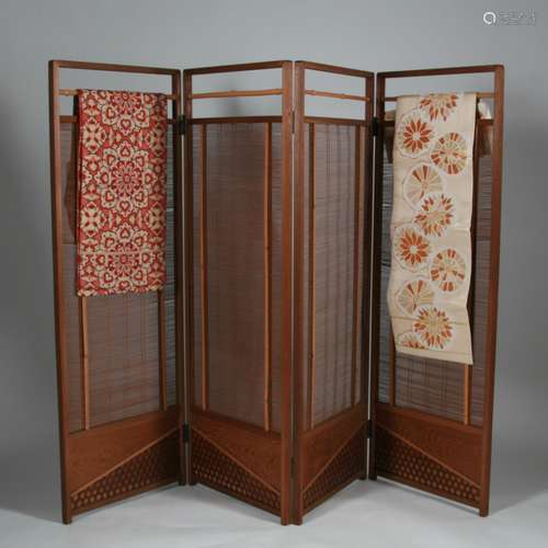 Japanese 4 Panel Obi Hanger/Room Divider with 2 Obis