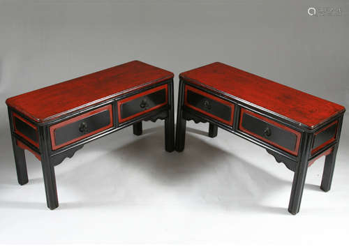 19th C. Pair Chinese Low Benches with Drawers