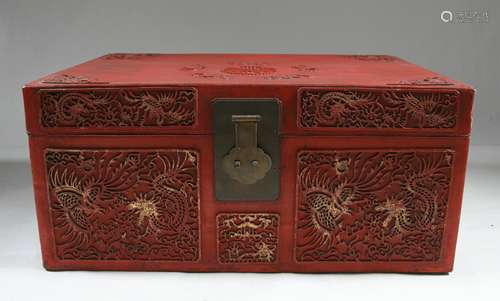 19th C. Chinese Red Lacquer Trunk with Gilt Carvings