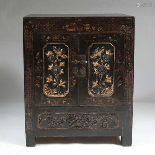 19th C. Chinese Two-Door Lacquer Chest with Gold Design