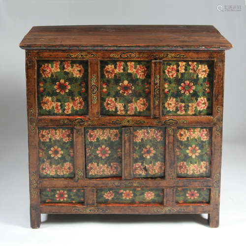 Carved Tibetan Chest with Excellent Paint, 19th Century