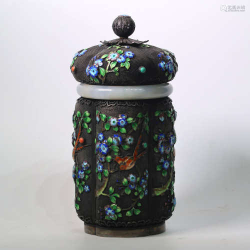 Chinese Silver Filigree Enamel Jade Bangle Tea Caddy
