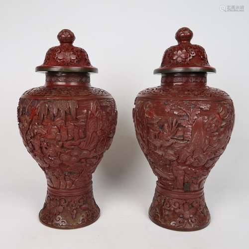 19th C. Pair of Carved Red Cinnabar Covered Vessels