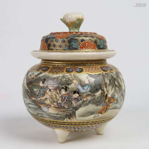 Very Unusual & Colorful Japanese Satsuma Lidded Vessel