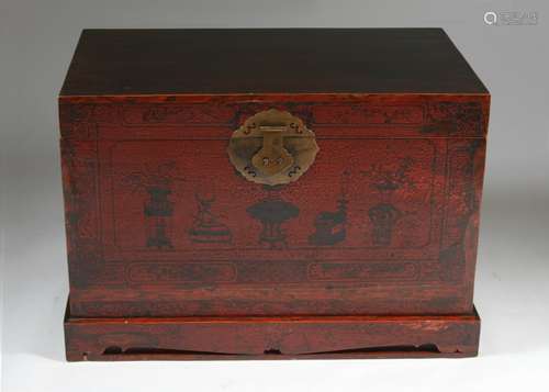 Early 19th C. Chinese Two-Color Lacquer Trunk on Stand