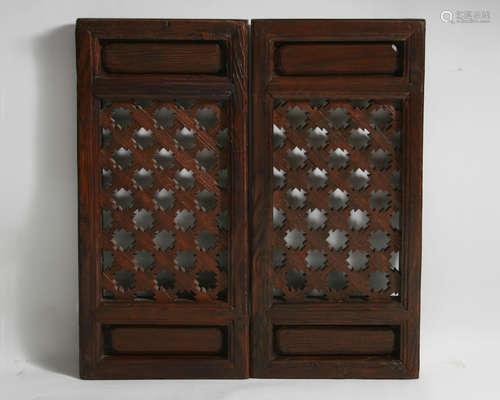 19th C. Pair Chinese Carved Wooden Windows